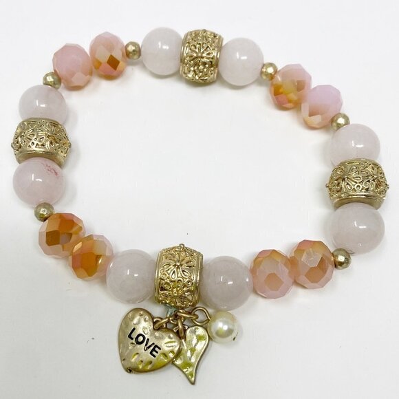 Pink Beaded Stretch Bracelet w/Love Hearts and Pearl Charms - Picture 1 of 4